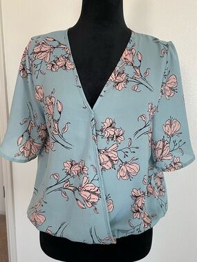 Floral V-Neck Short Sleeve Blouse in Dusty Blue and Pink crom Dressbarn